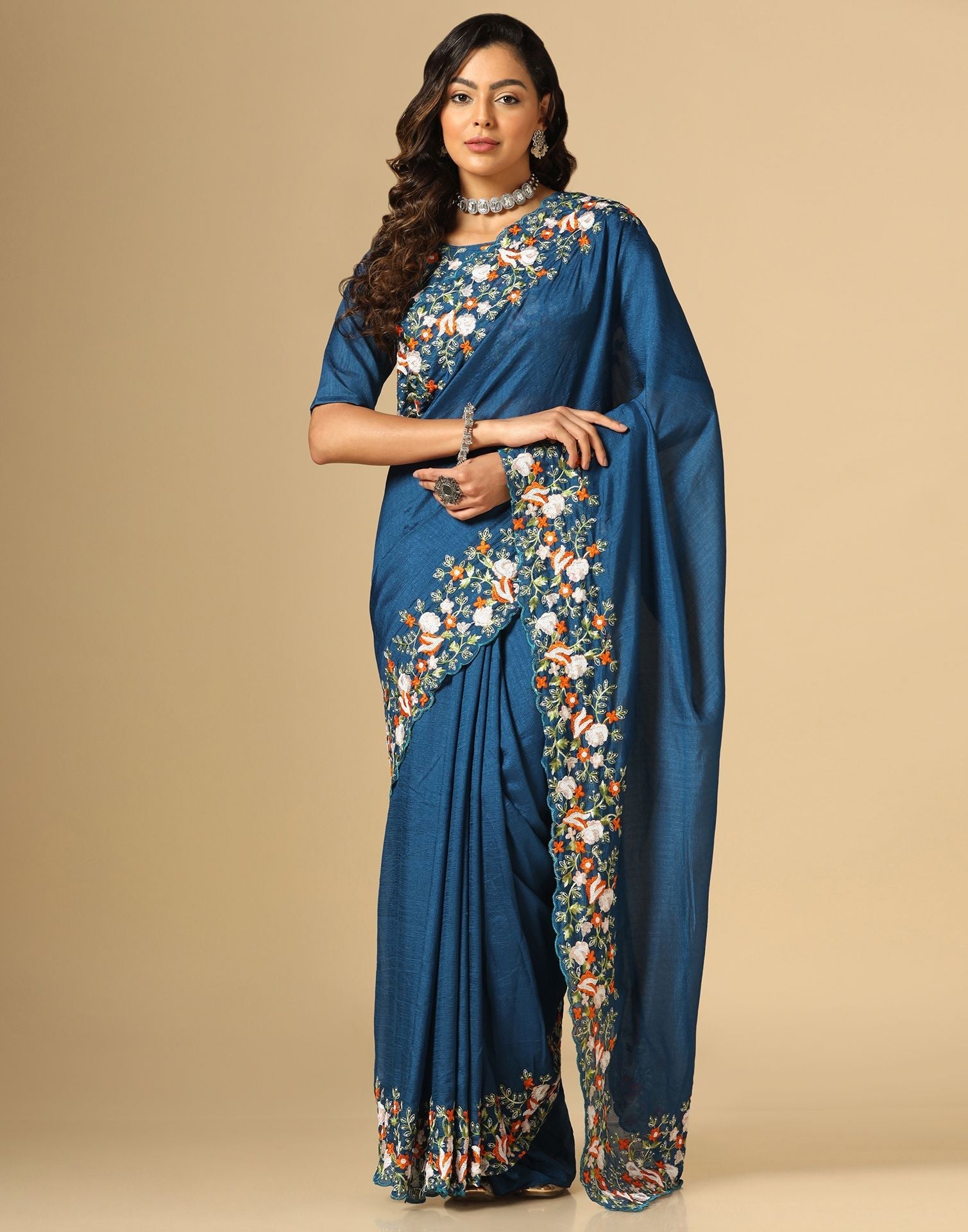 Navy Blue Vichitra Embroidery Saree | Leemboodi