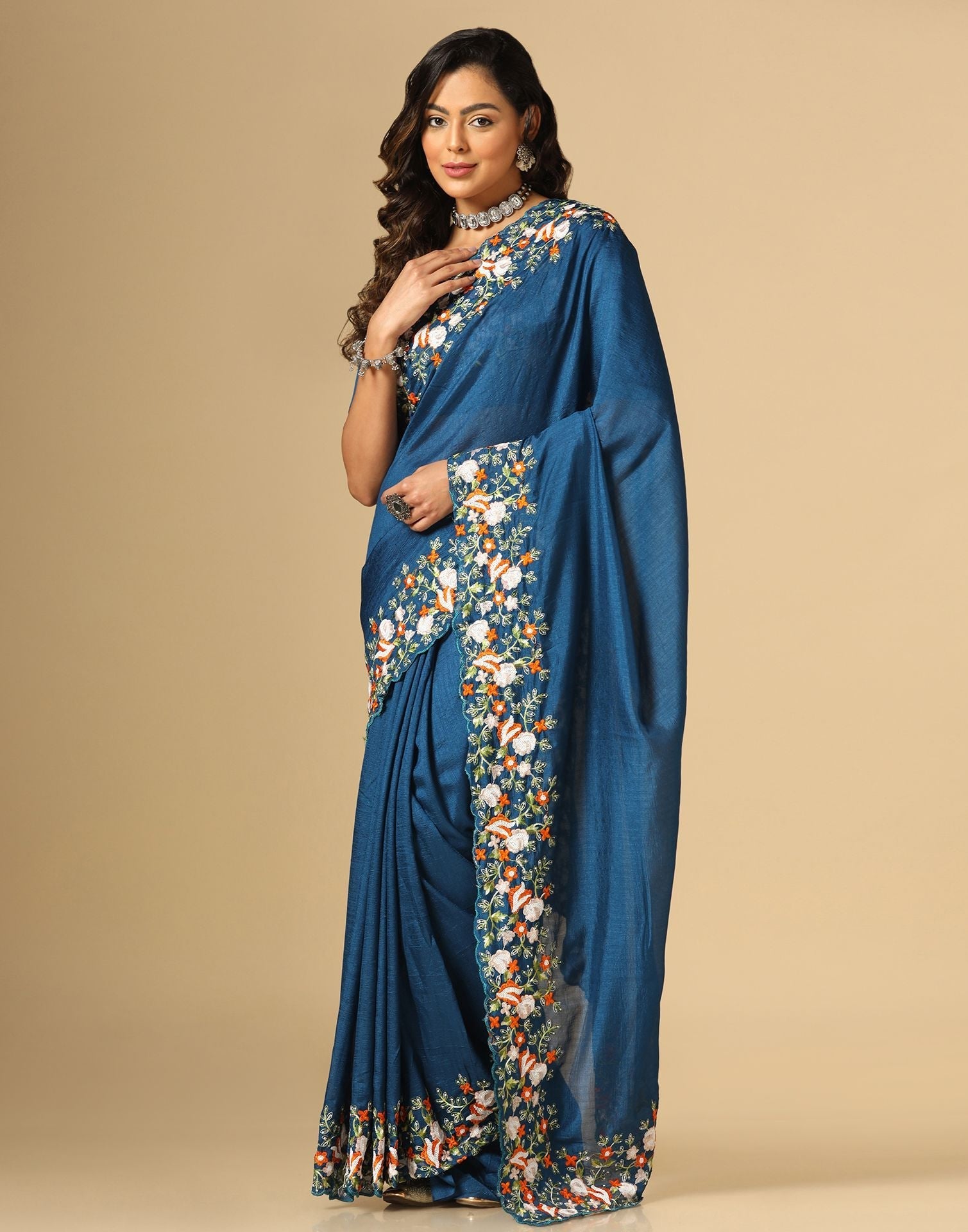 Navy Blue Vichitra Embroidery Saree | Leemboodi