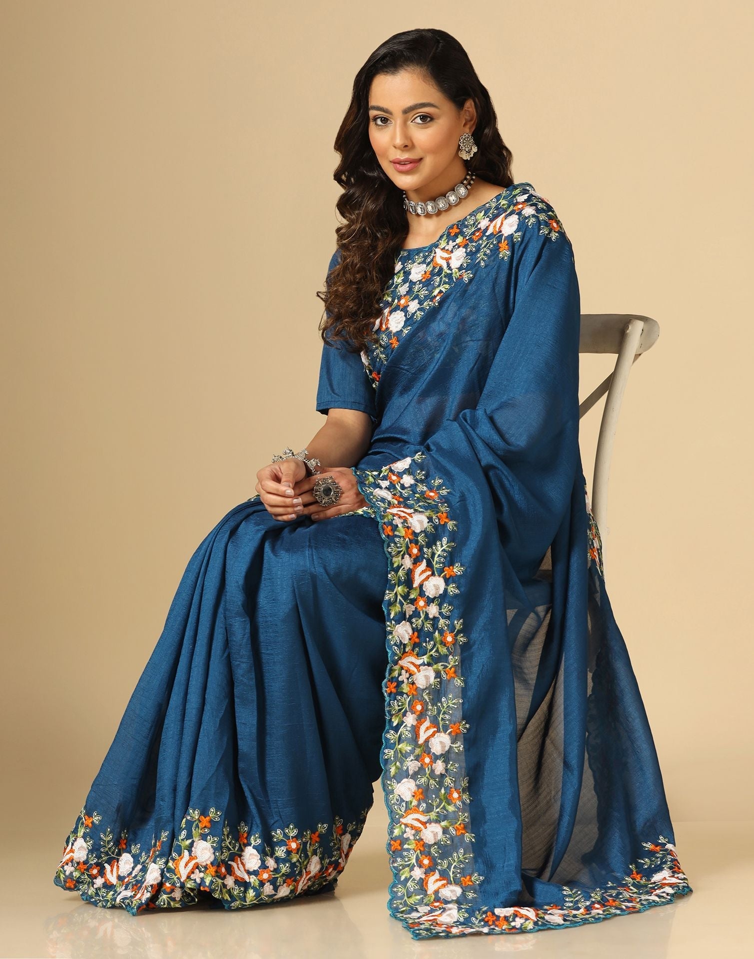 Navy Blue Vichitra Embroidery Saree | Leemboodi