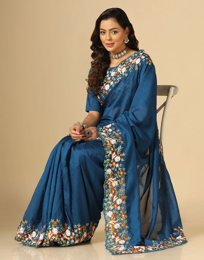 Navy Blue Vichitra Embroidery Saree | Leemboodi