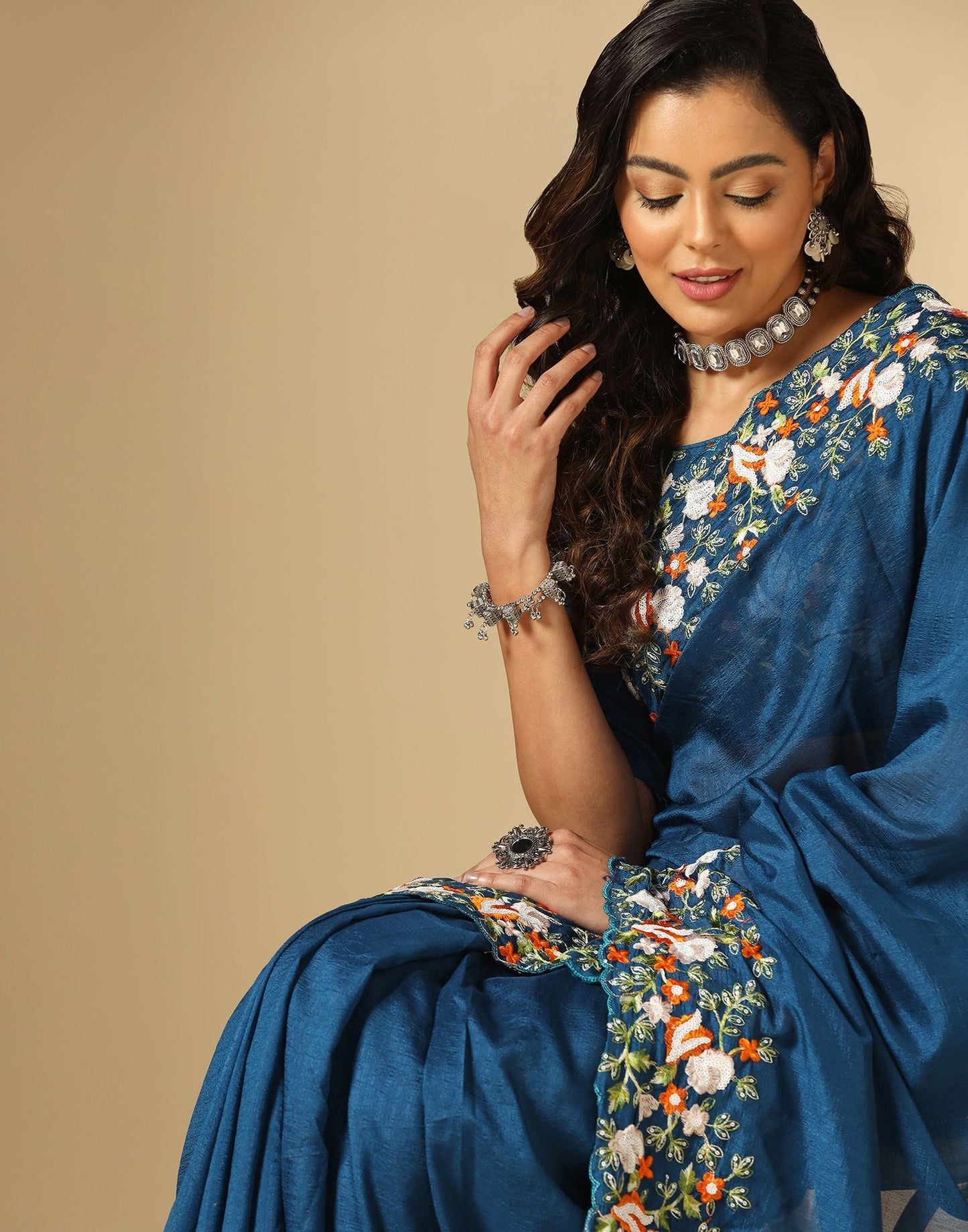 Navy Blue Vichitra Embroidery Saree | Leemboodi