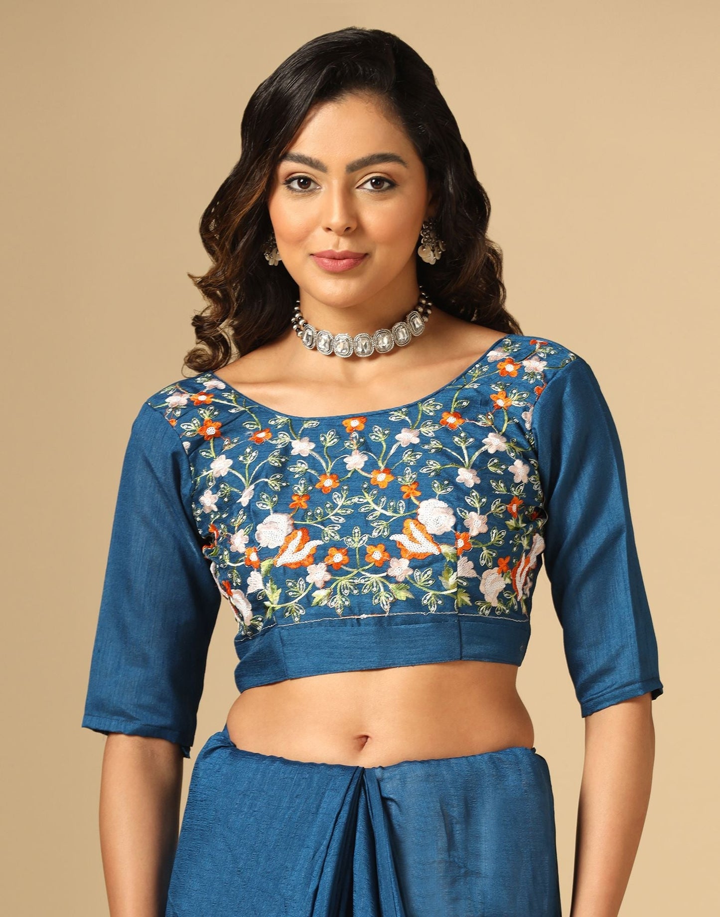 Navy Blue Vichitra Embroidery Saree | Leemboodi