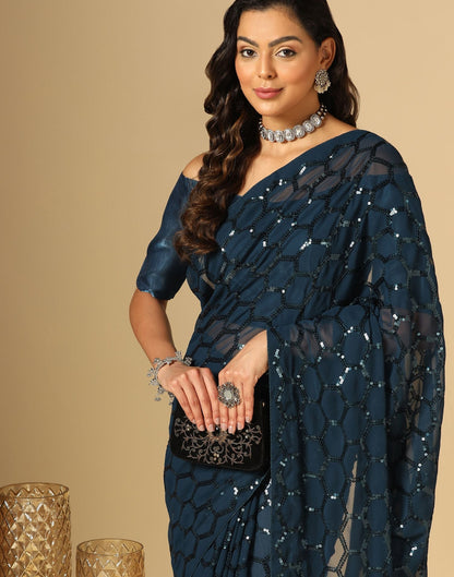 Teal Blue Sequence Saree | Leemboodi