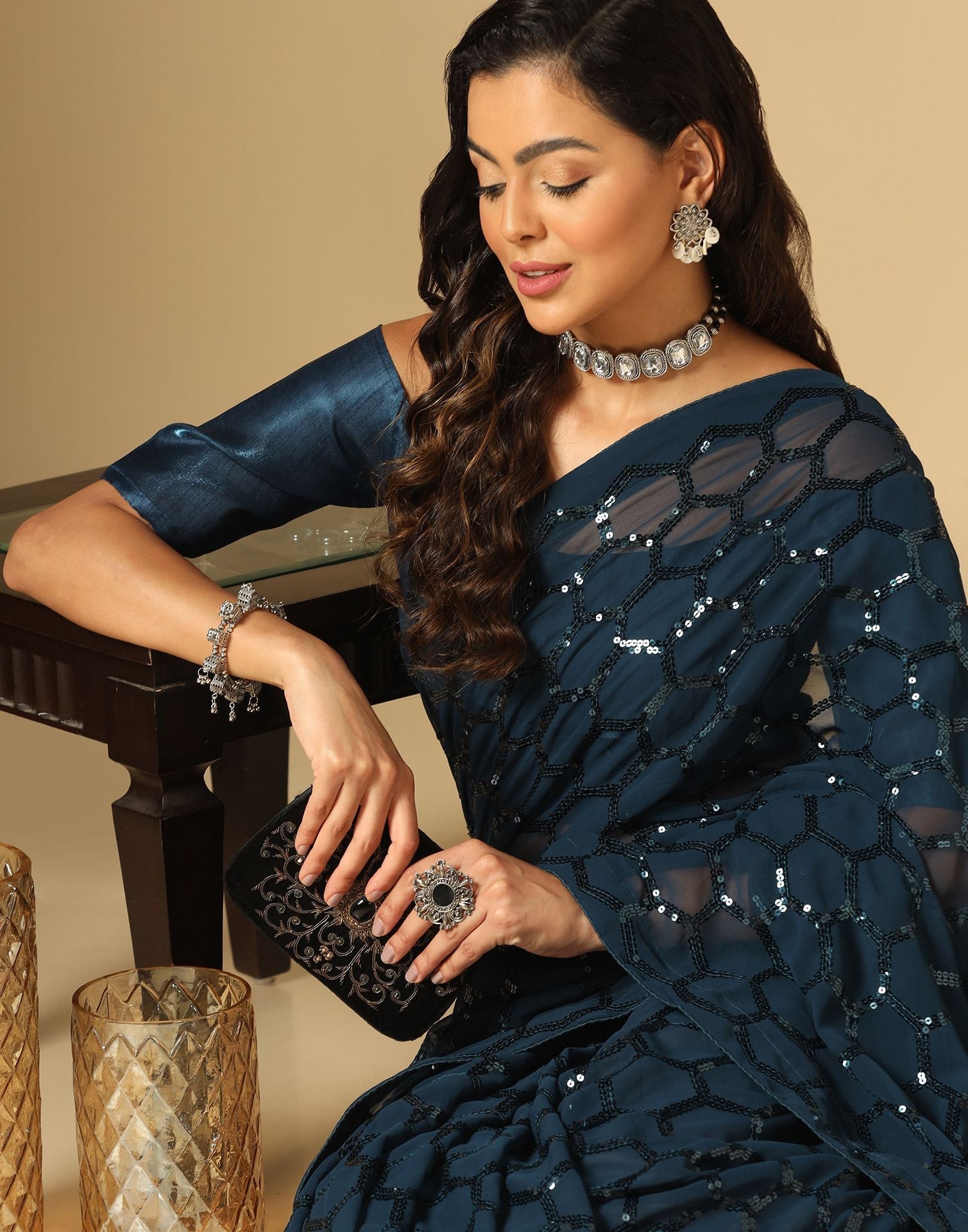 Teal Blue Sequence Saree | Leemboodi