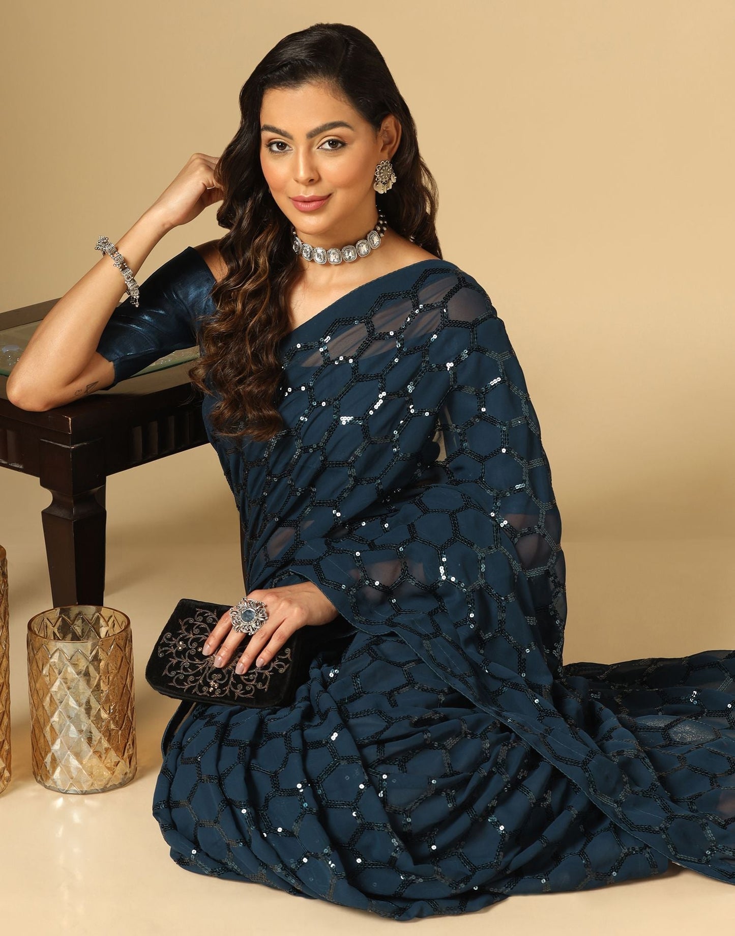 Teal Blue Sequence Saree | Leemboodi