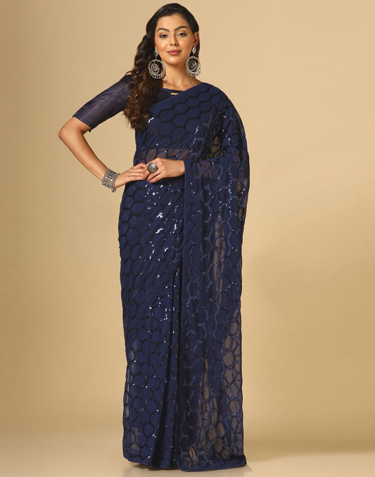 Navy Blue Sequence Saree | Leemboodi