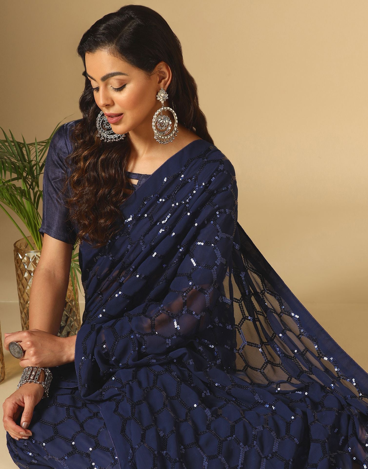Navy Blue Sequence Saree | Leemboodi