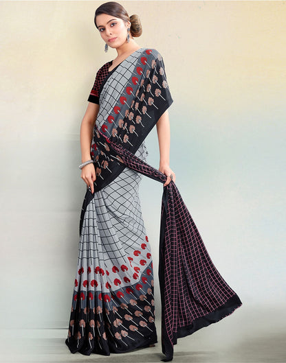 Light Grey Silk Printed Saree | Sudathi