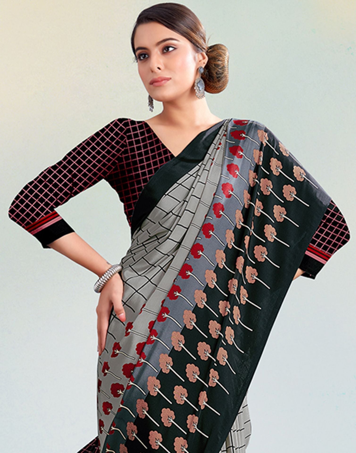 Grey Silk Printed Saree | Sudathi