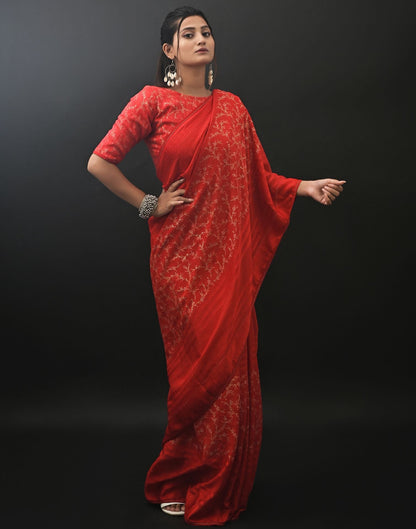 Red Chiffon Printed Saree | Leemboodi
