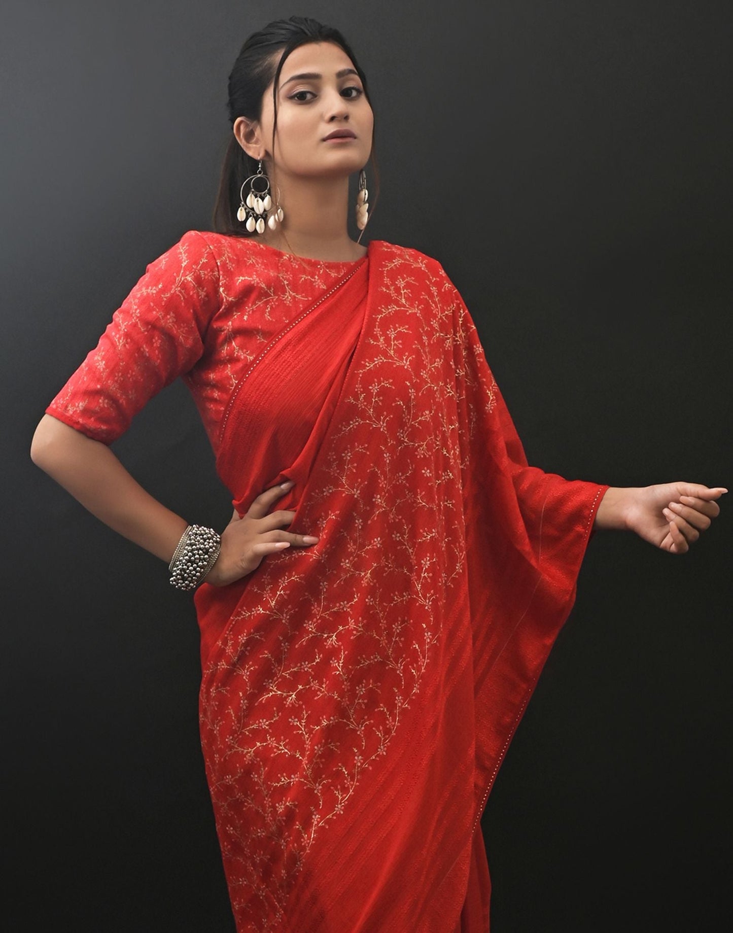Red Chiffon Printed Saree | Leemboodi