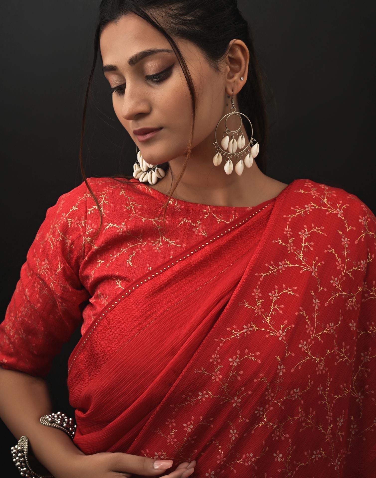 Red Chiffon Printed Saree | Leemboodi