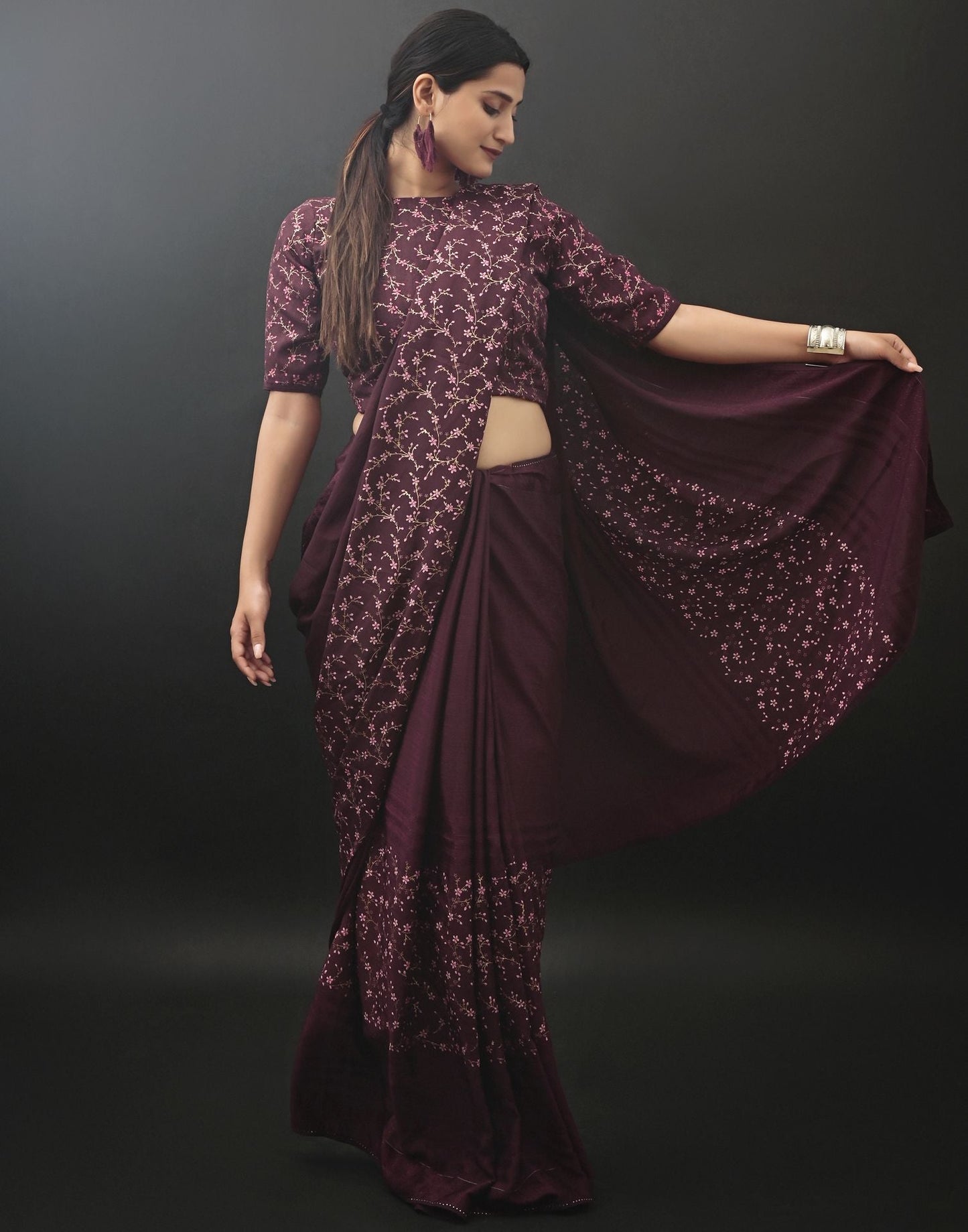 Wine Chiffon Printed Saree | Leemboodi