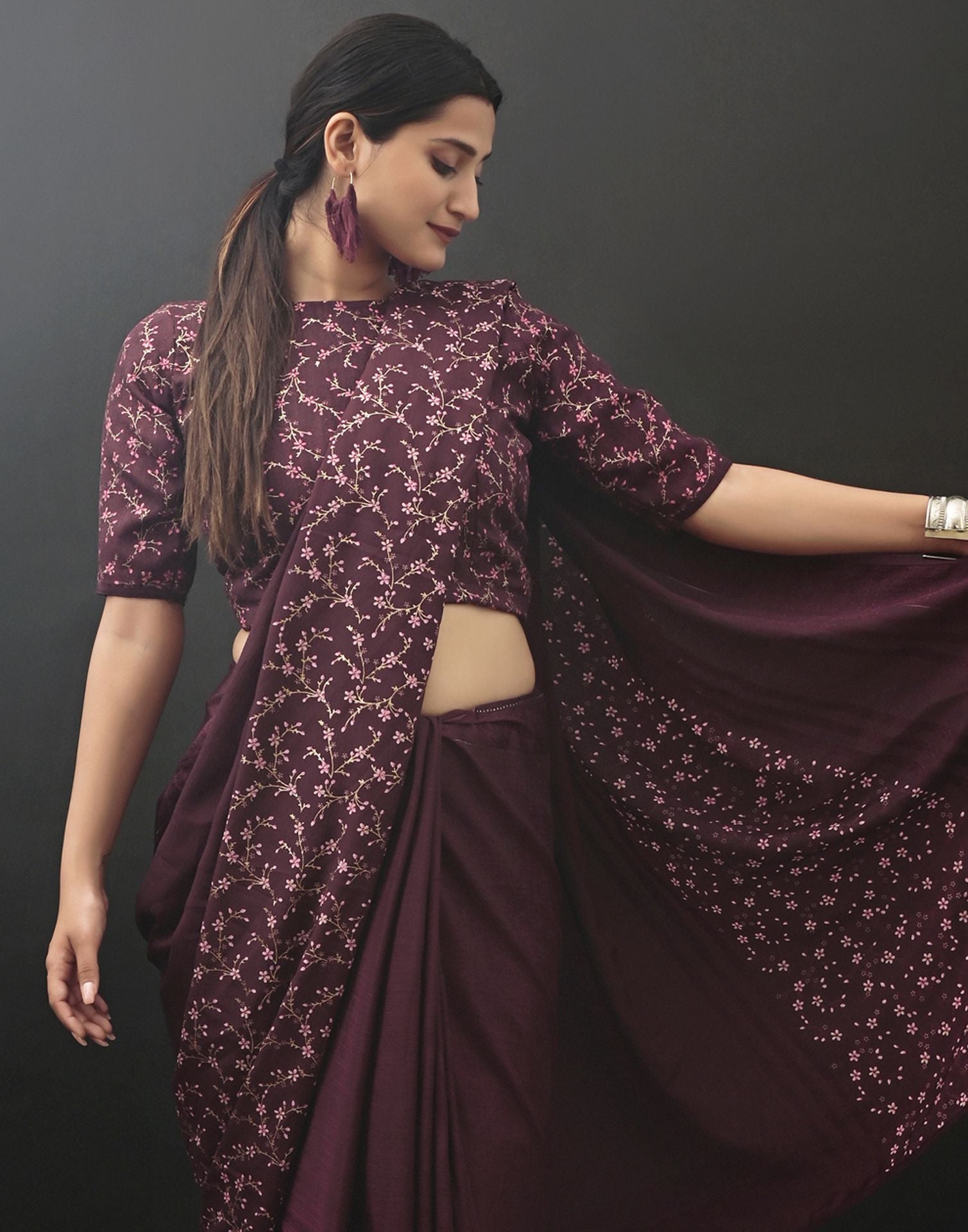 Wine Chiffon Printed Saree | Leemboodi