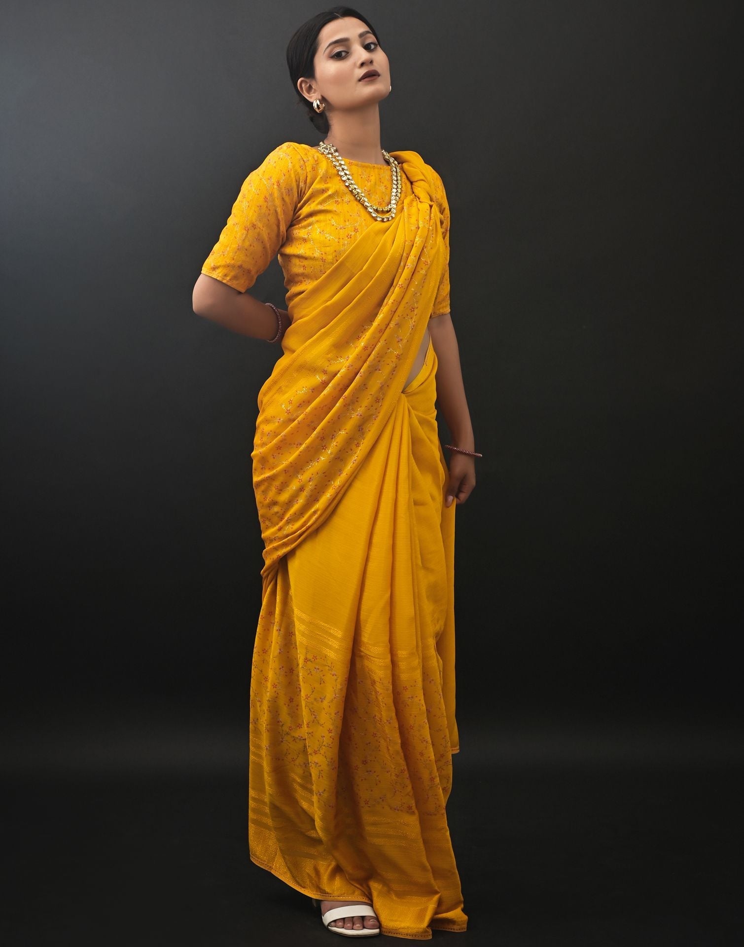 Turmeric Yellow Chiffon Printed Saree | Leemboodi