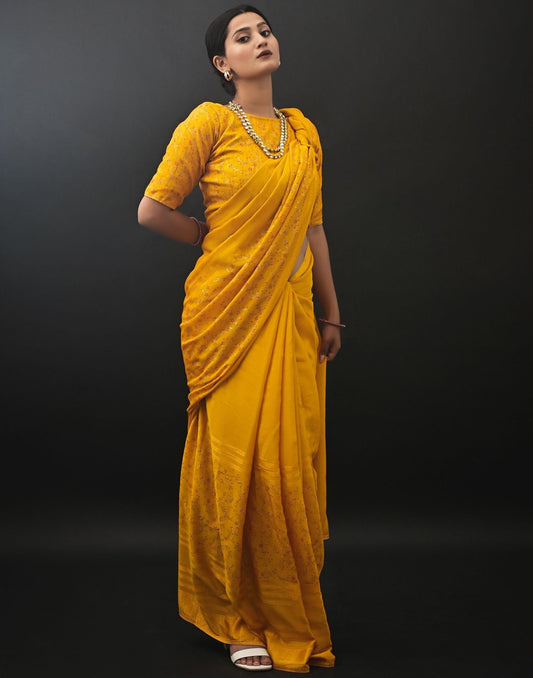 Turmeric Yellow Chiffon Printed Saree | Leemboodi