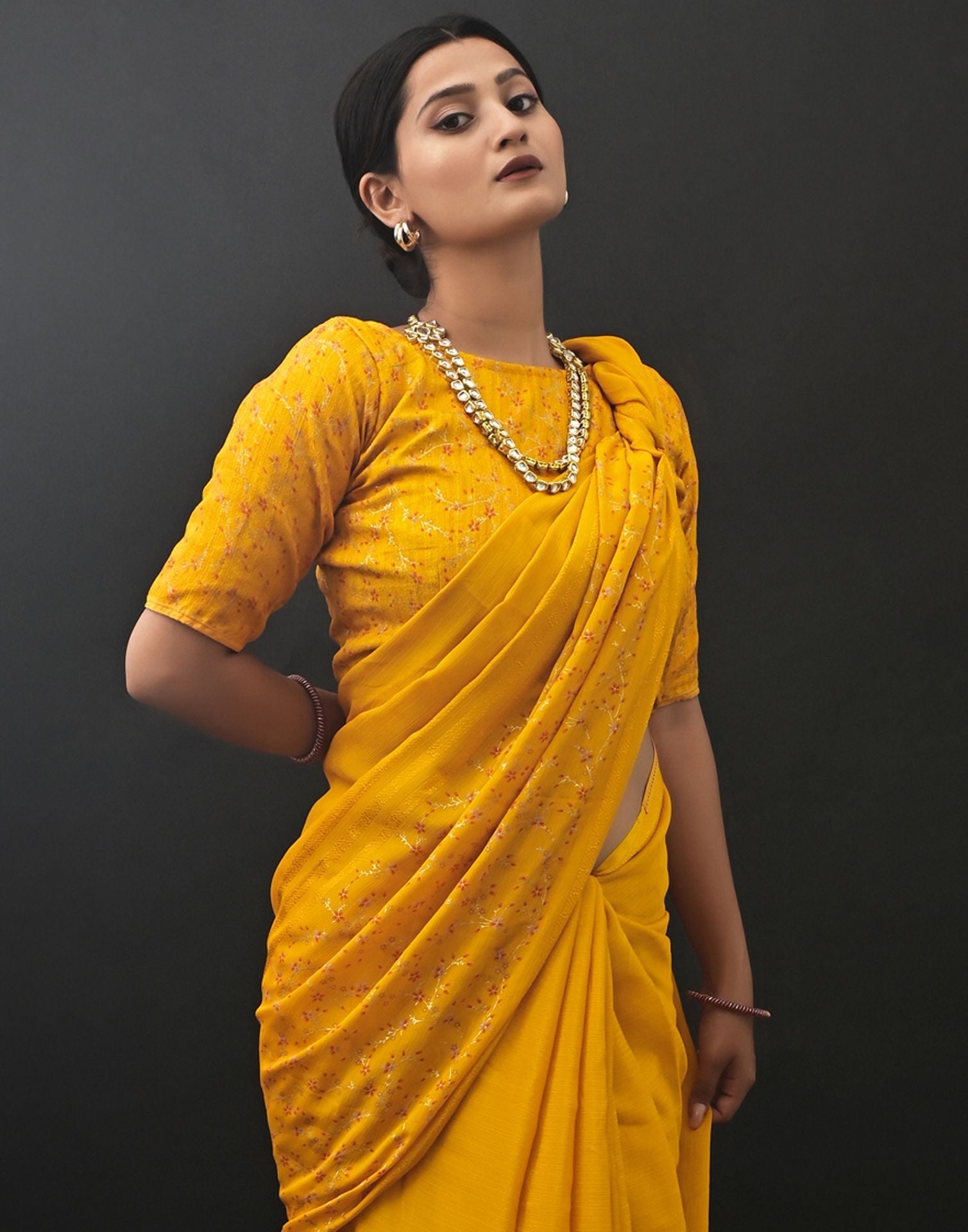Turmeric Yellow Chiffon Printed Saree | Leemboodi