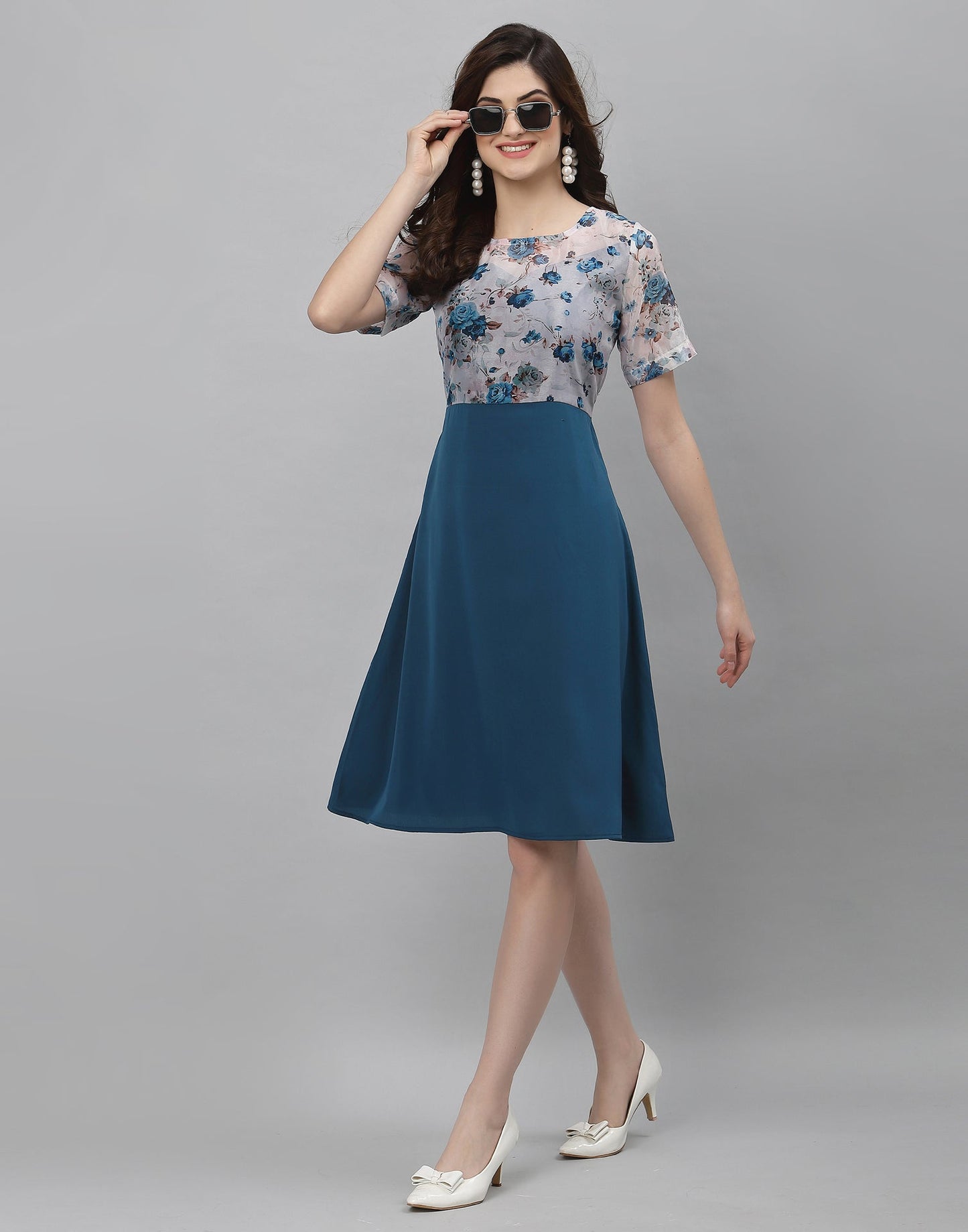 Off White And Teal A-Line Dress | Sudathi