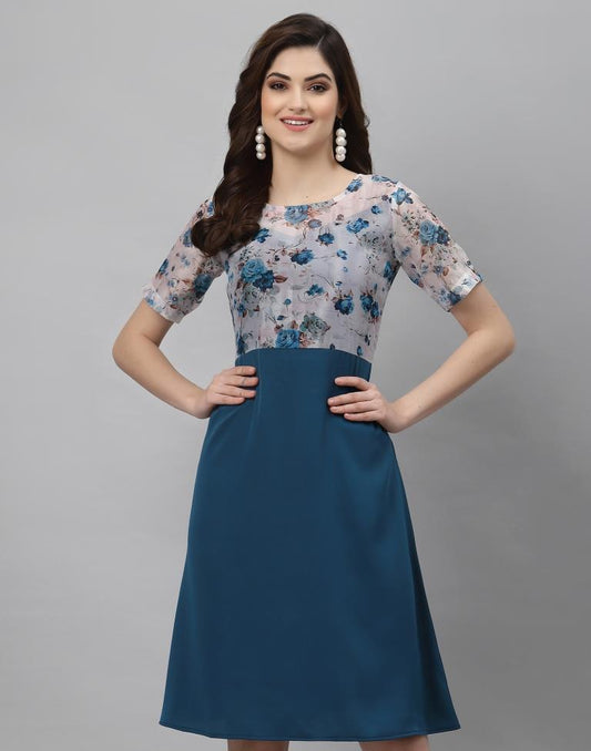 Off White And Teal A-Line Dress | Sudathi