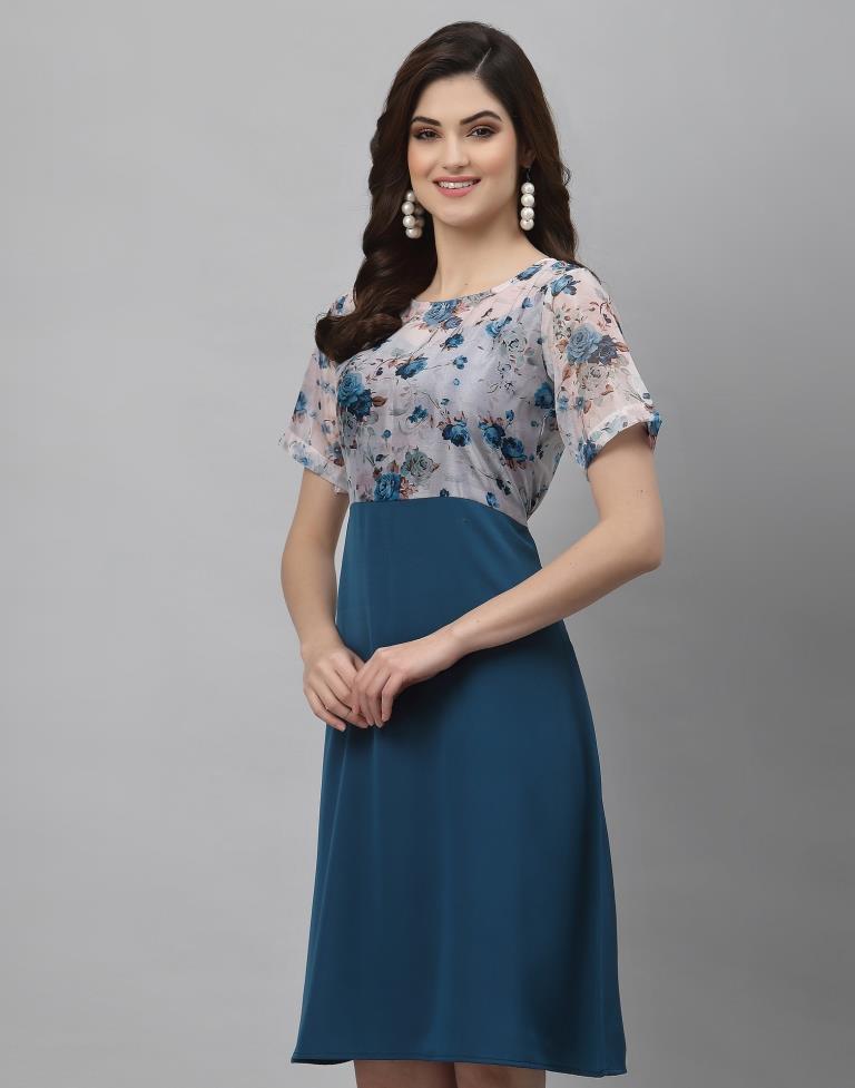 Off White And Teal A-Line Dress | Sudathi