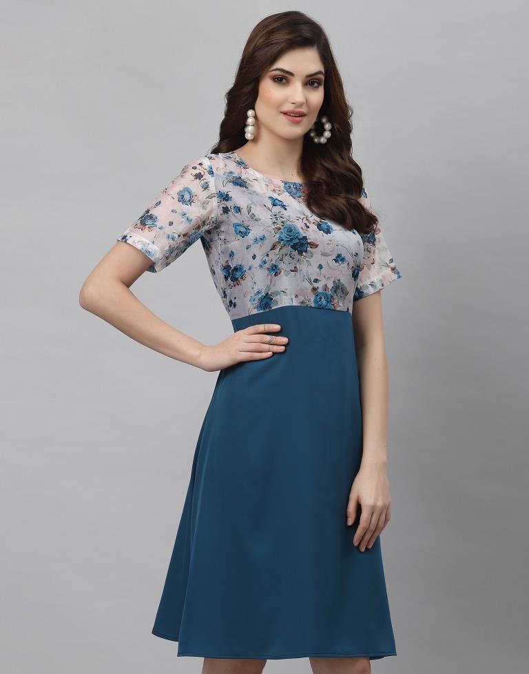 Off White And Teal A-Line Dress | Sudathi
