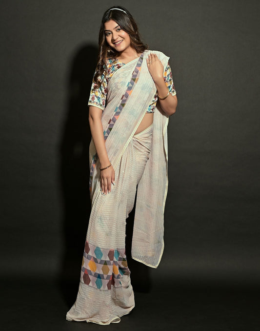 Cream Georgette Sequence Saree | Leemboodi