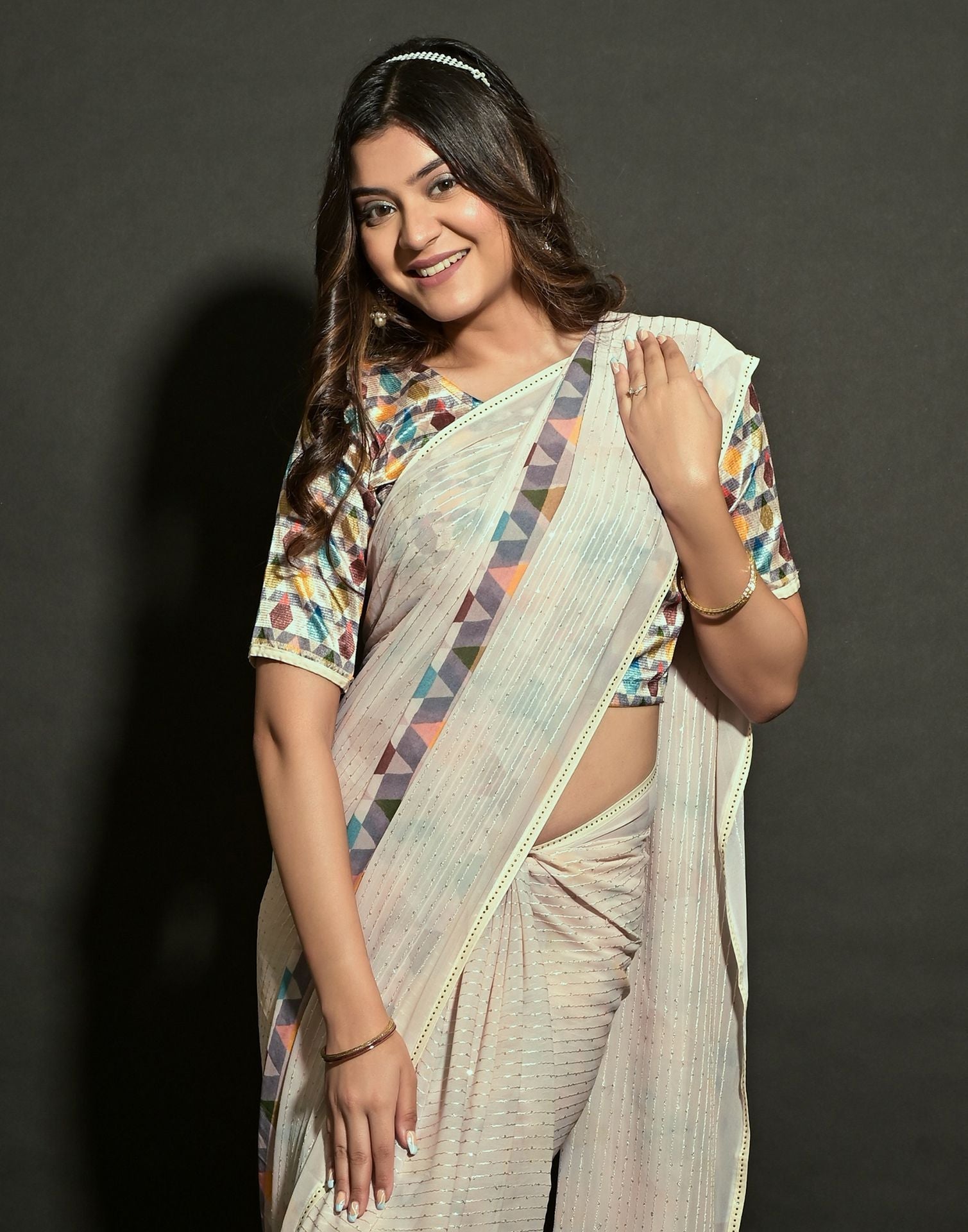 Cream Georgette Sequence Saree | Leemboodi