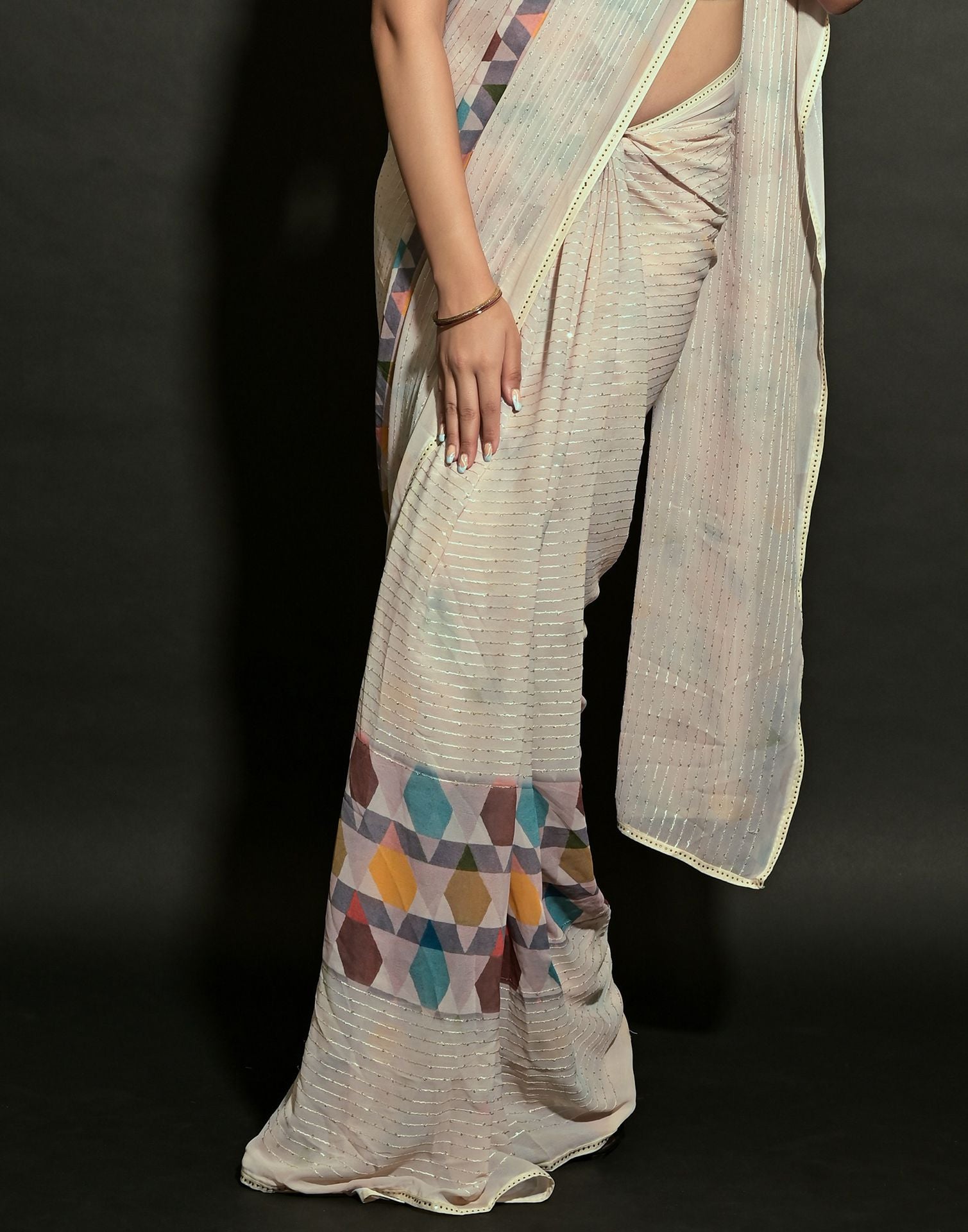 Cream Georgette Sequence Saree | Leemboodi