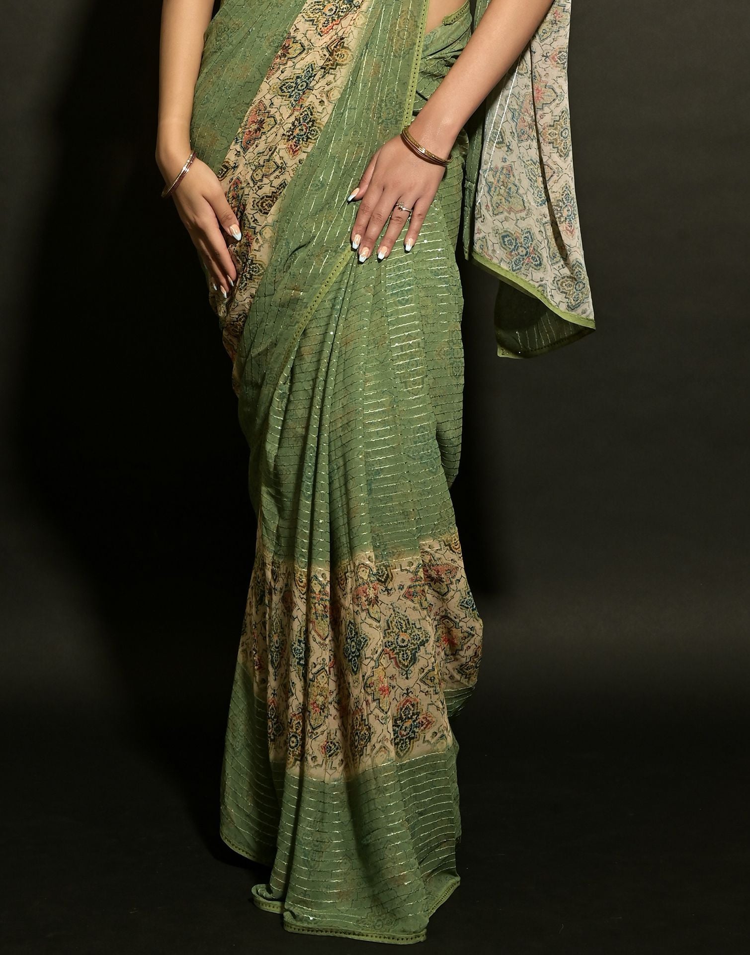 Pista Green Georgette Sequence Saree | Leemboodi