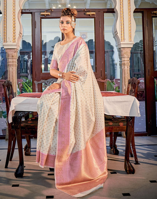 Off White Silk Banarasi Saree | Leemboodi