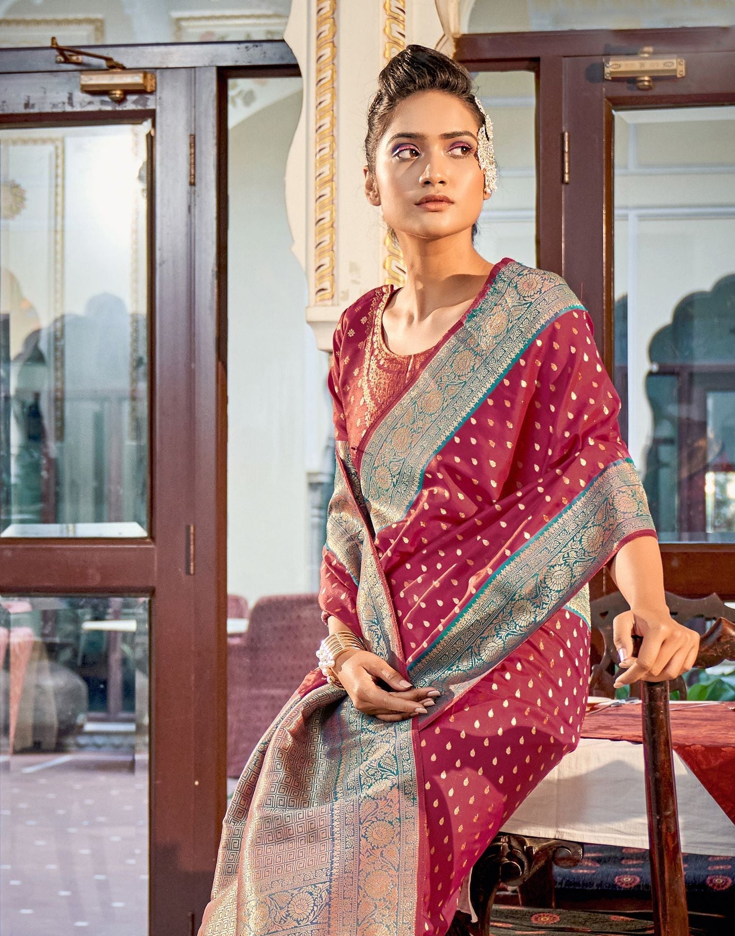 Maroon Silk Banarasi Saree | Leemboodi