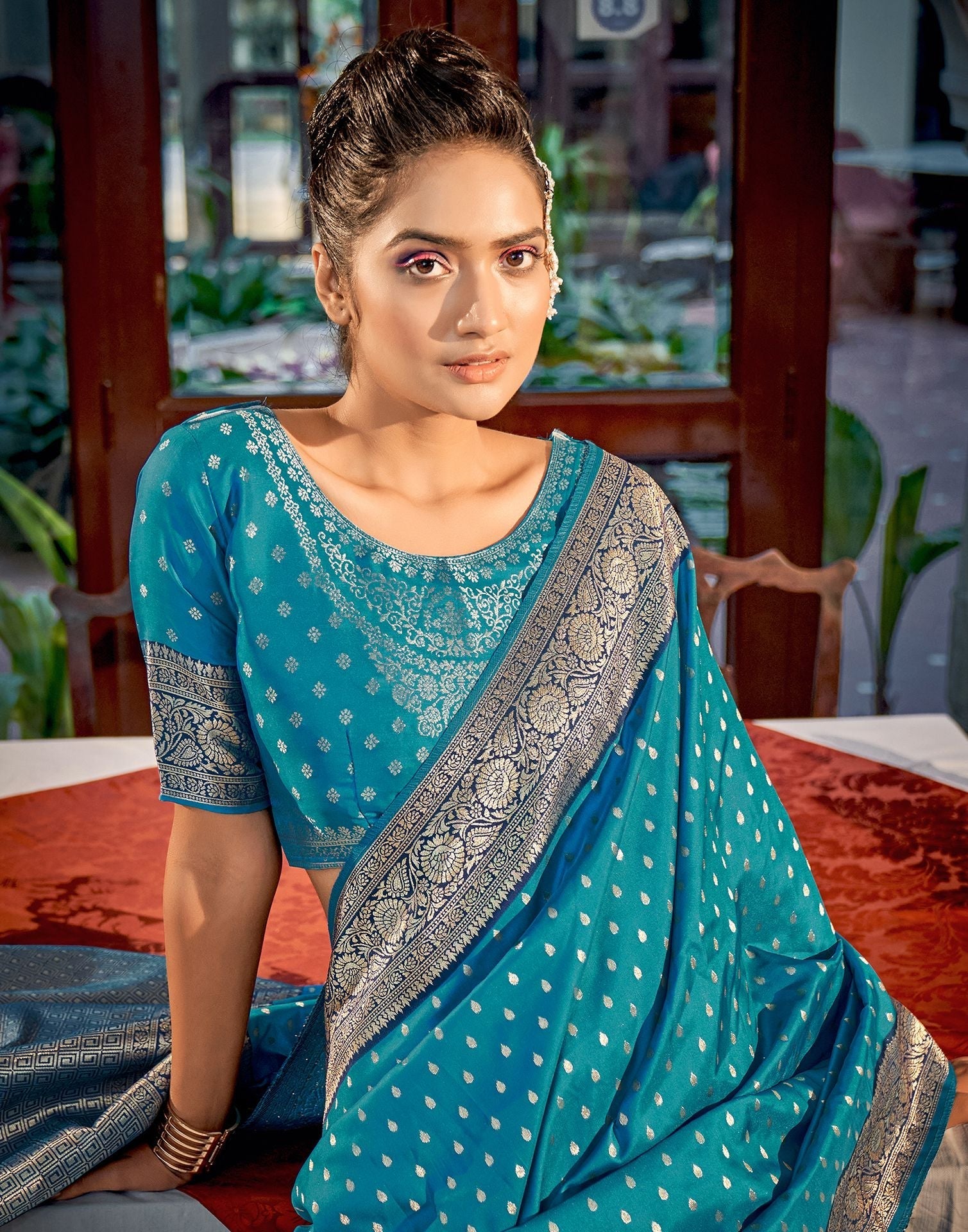Teal Silk Banarasi Saree | Leemboodi