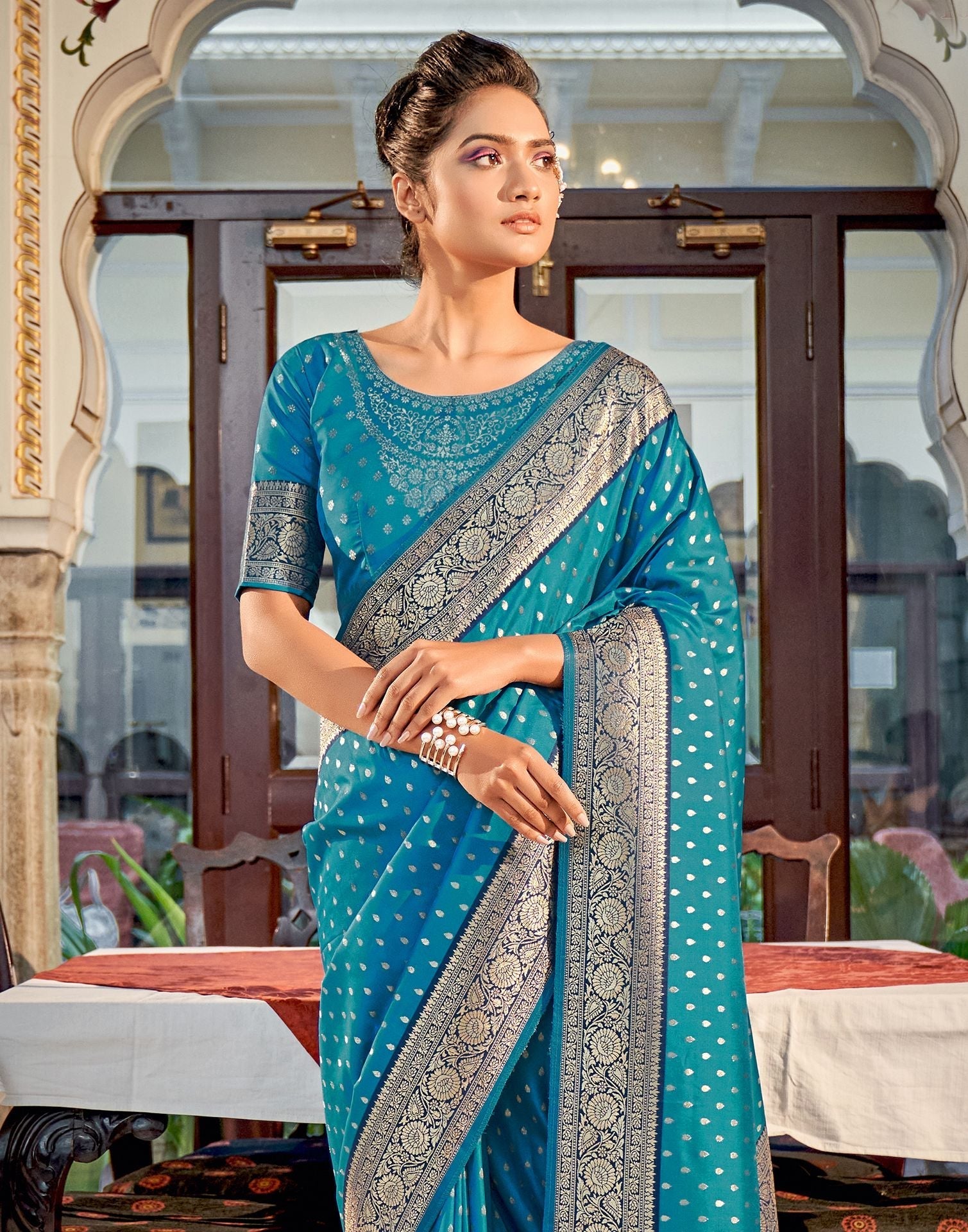 Teal Silk Banarasi Saree | Leemboodi