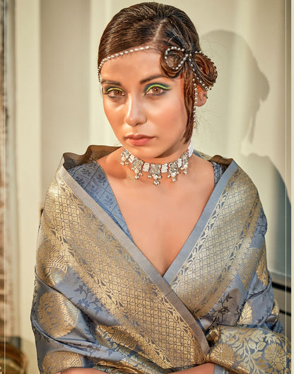 Grey Silk Banarasi Saree | Leemboodi