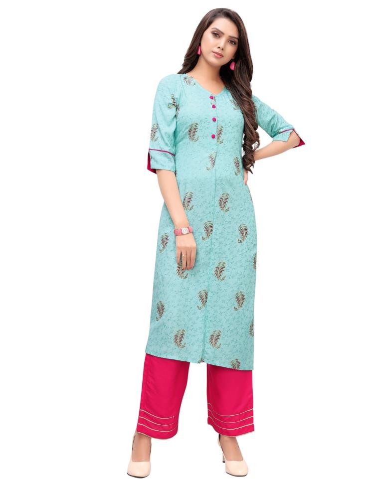 Turquoise Blue Foil Printed Rayon Kurti | Sudathi