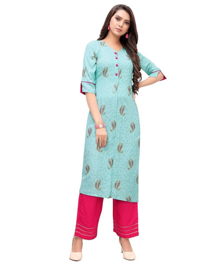 Turquoise Blue Foil Printed Rayon Kurti | Sudathi