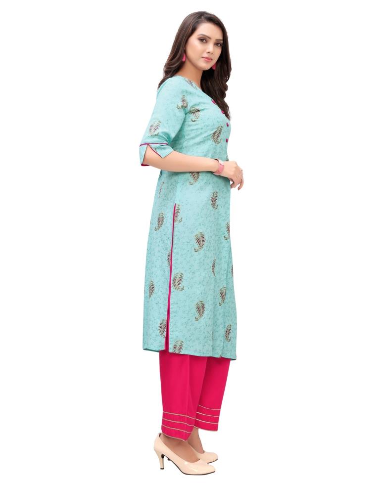 Turquoise Blue Foil Printed Rayon Kurti | Sudathi