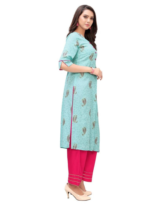Turquoise Blue Foil Printed Rayon Kurti | Sudathi