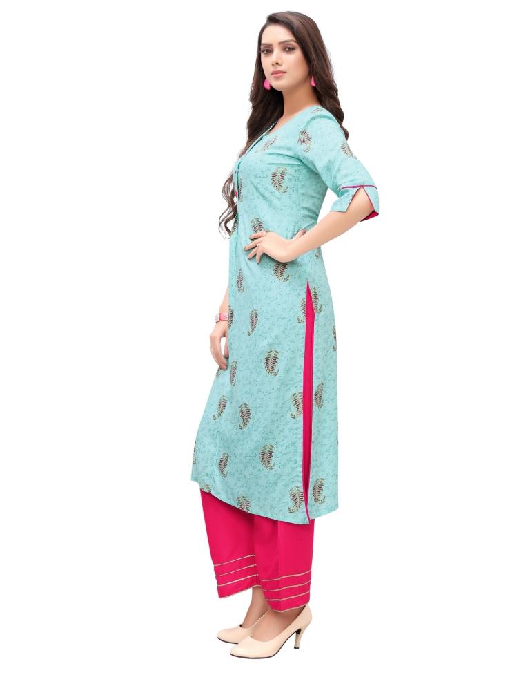 Turquoise Blue Foil Printed Rayon Kurti | Sudathi