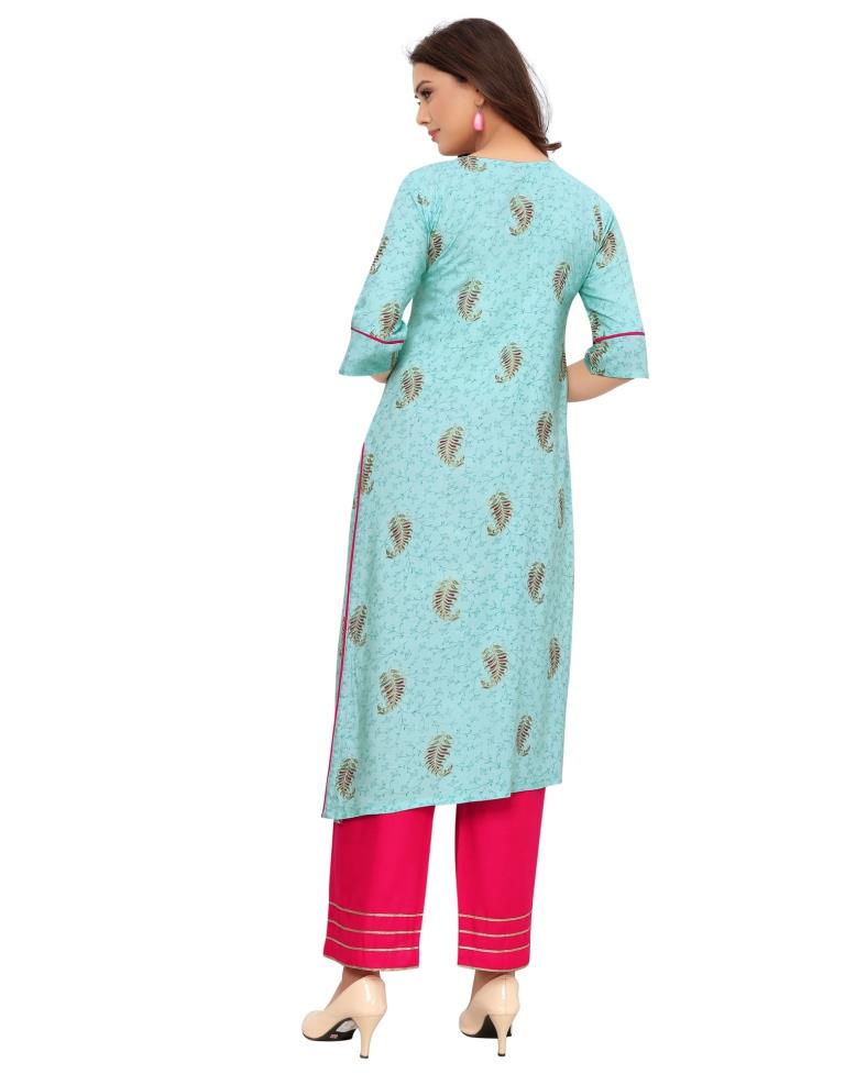 Turquoise Blue Foil Printed Rayon Kurti | Sudathi