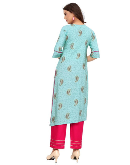 Turquoise Blue Foil Printed Rayon Kurti | Sudathi