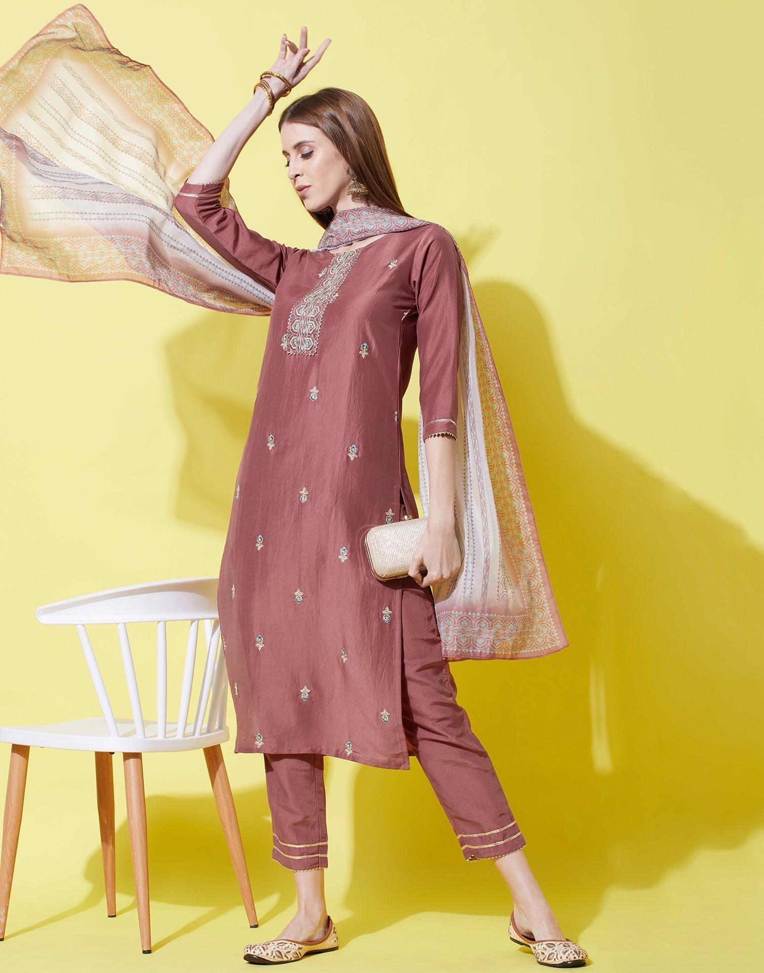 Rose Wood Kurti With Pant And Dupatta | Leemboodi