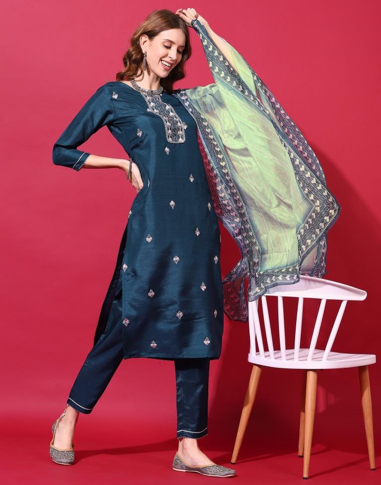 Dark Blue Kurti With Pant And Dupatta | Leemboodi