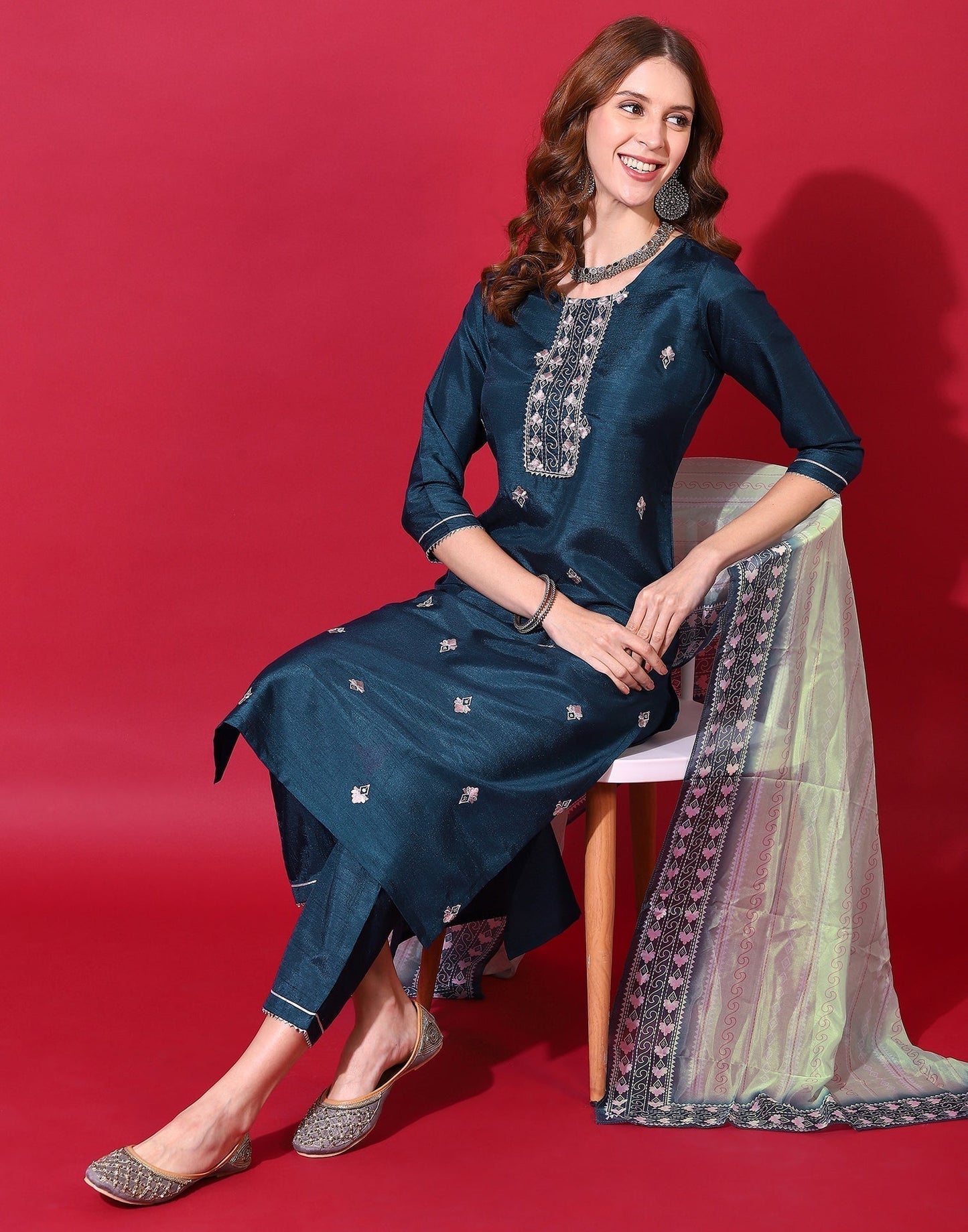 Dark Blue Kurti With Pant And Dupatta | Leemboodi