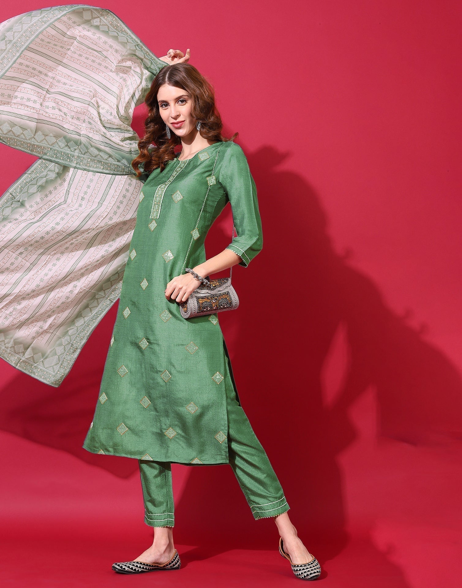 Green Kurti With Pant And Dupatta | Leemboodi