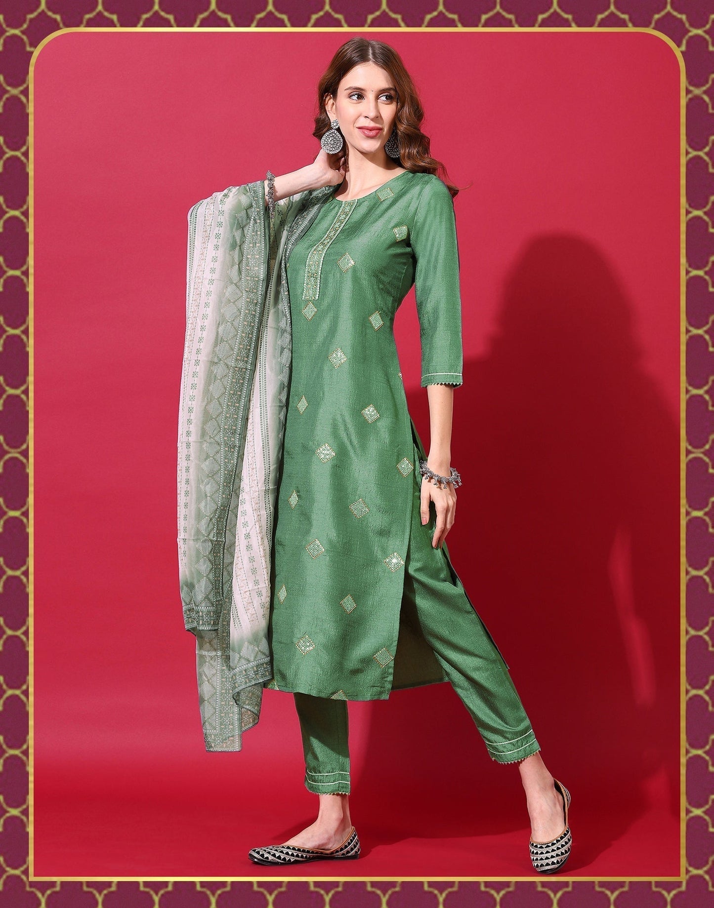 Green Kurti With Pant And Dupatta | Leemboodi