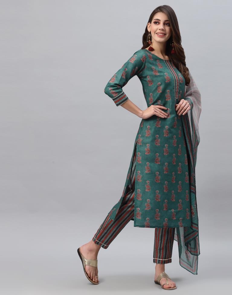 Dark Green Kurti With Pant And Dupatta | Leemboodi