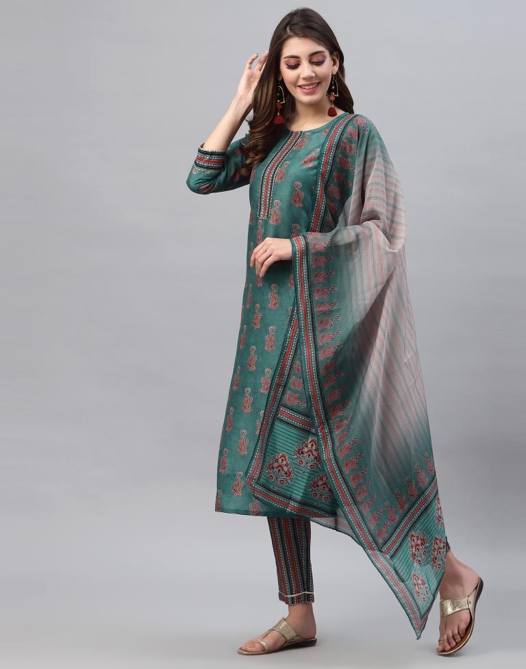 Dark Green Kurti With Pant And Dupatta | Leemboodi