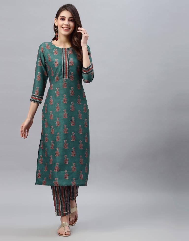 Dark Green Kurti With Pant And Dupatta | Leemboodi