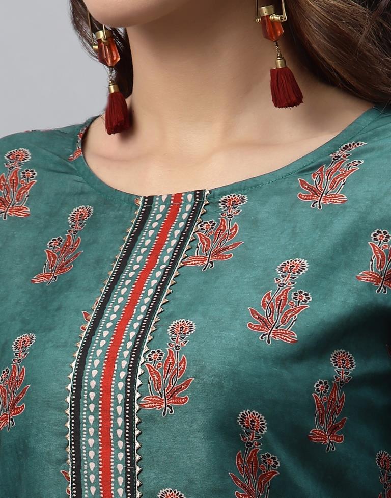 Dark Green Kurti With Pant And Dupatta | Leemboodi